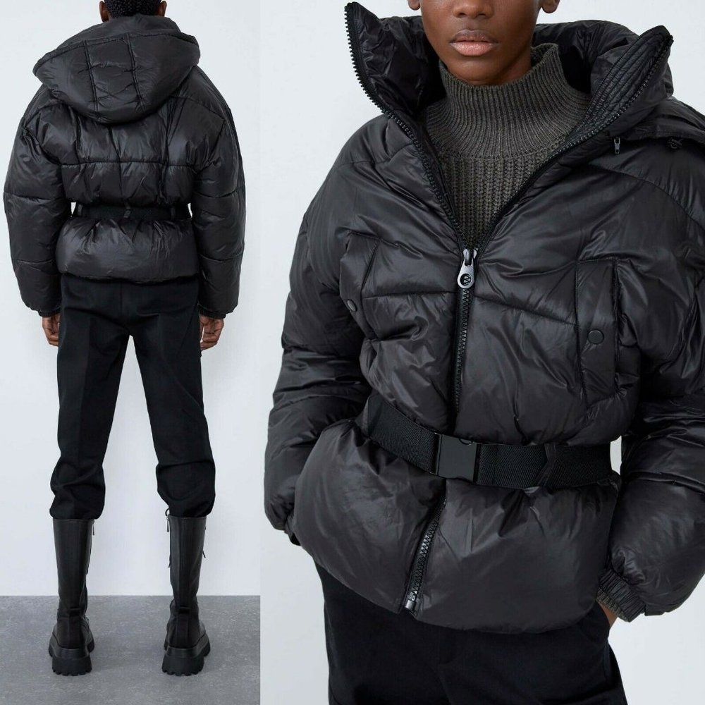 NEW Zara Black Sorona Dupont Removable Hood Soft Cozy Puffer Jacket with Belt - Picture 3 of 9